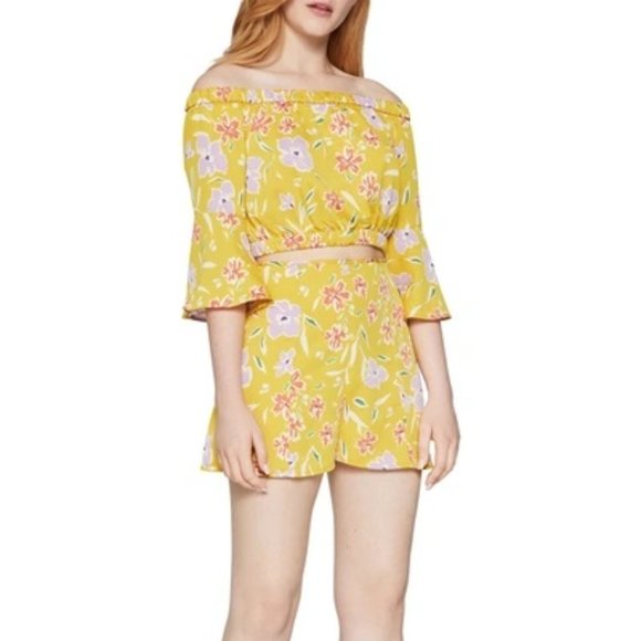 BCBG Floral Bell Sleeve Off-the-shoulder Crop Top - Picture 1 of 6